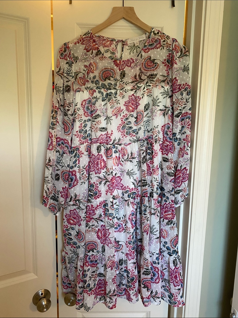 Floral Ruffled Tiered Midi Dress - Pink & Green Floral Print - Size Small